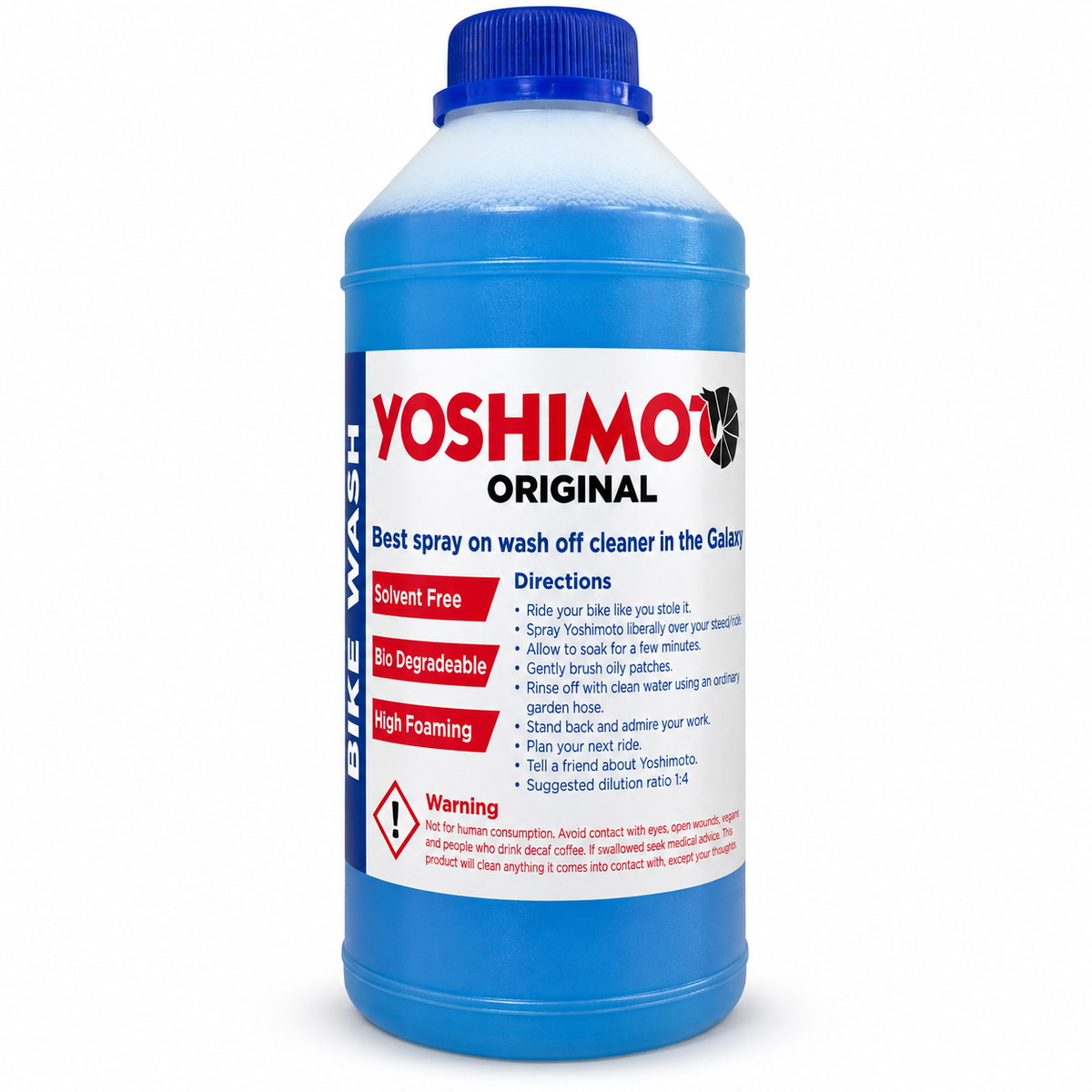Yoshimoto Bike Wash 1 litre bottle with blue cleaner, blue cap and product label
