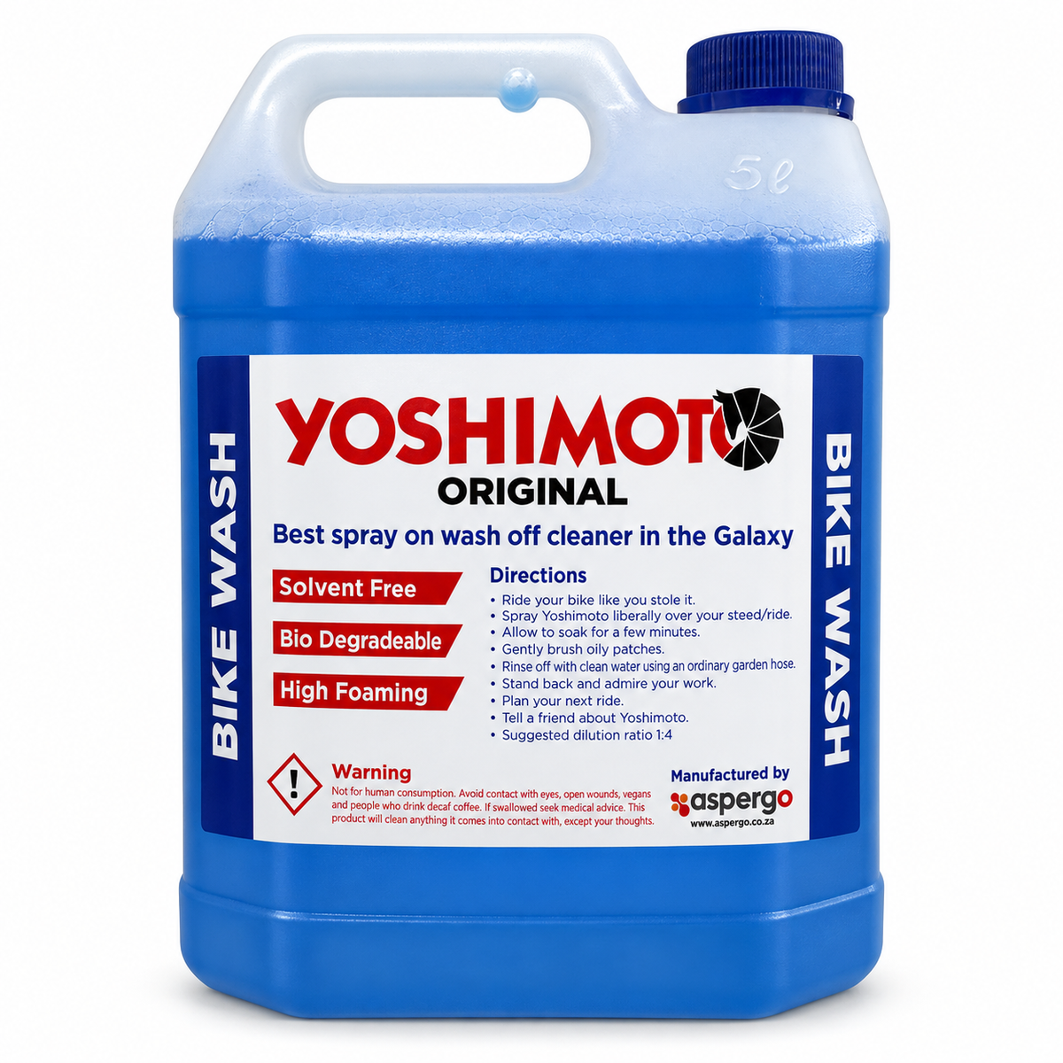 Yoshimoto Bike Wash 5 litre container with blue cleaner, blue cap and product label